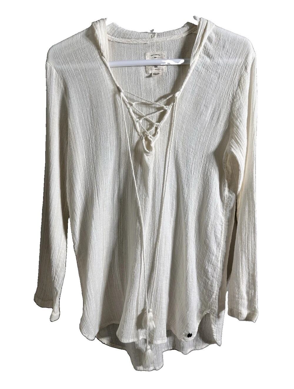 Billabong Women’s White Solid V-Neck Long Sleeve Tie Tunic Blouse Woven M